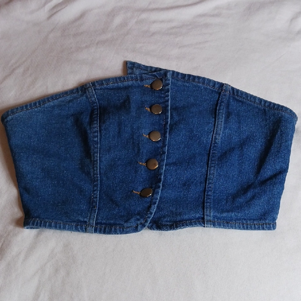 Denim Strapless Cropped Corset Bustier Tube Top Button Front Bodycon Size L